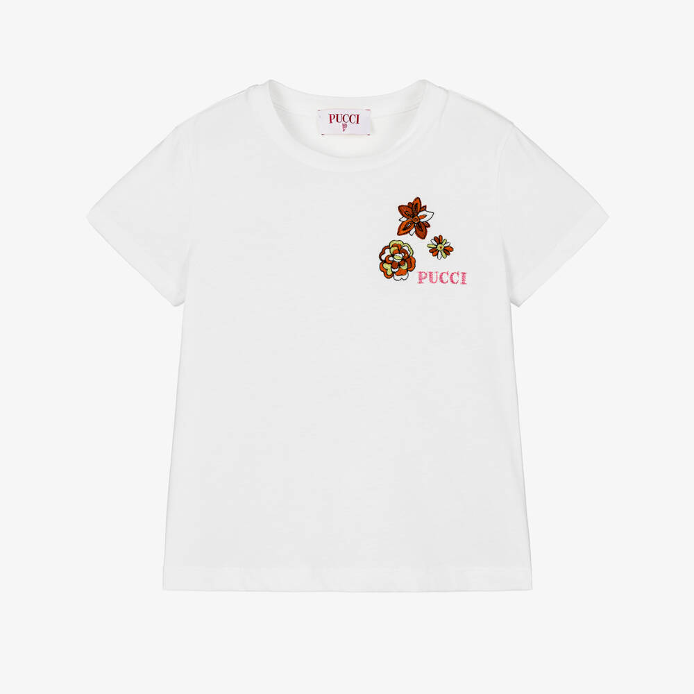 PUCCI-Girls Pure White Floral Cotton Tee | Childrensalon Outlet