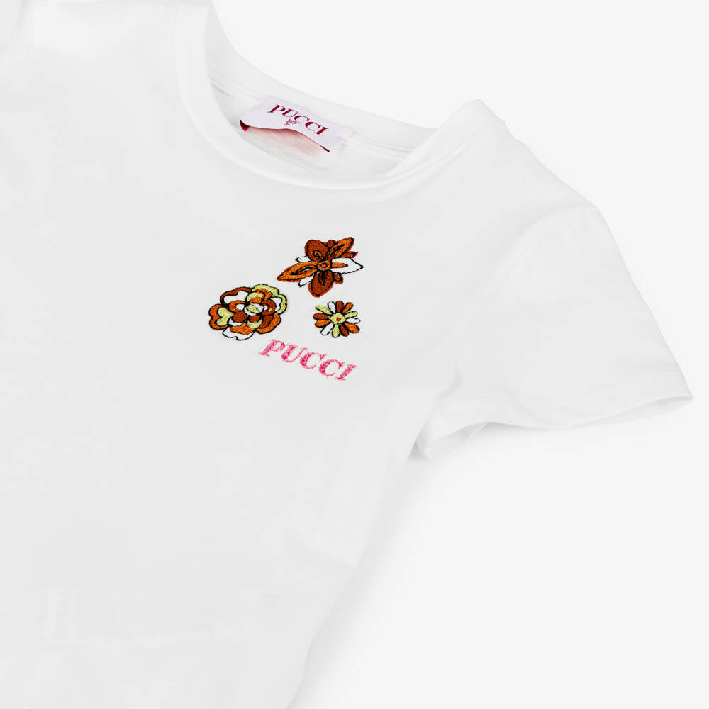 PUCCI-Girls Pure White Floral Cotton Tee | Childrensalon Outlet