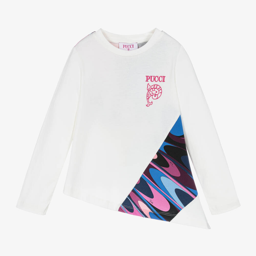 PUCCI-Girls White Asymmetric Print Top | Childrensalon Outlet