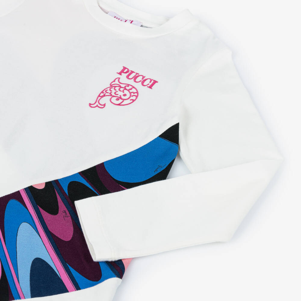 PUCCI-Girls White Asymmetric Print Top | Childrensalon Outlet