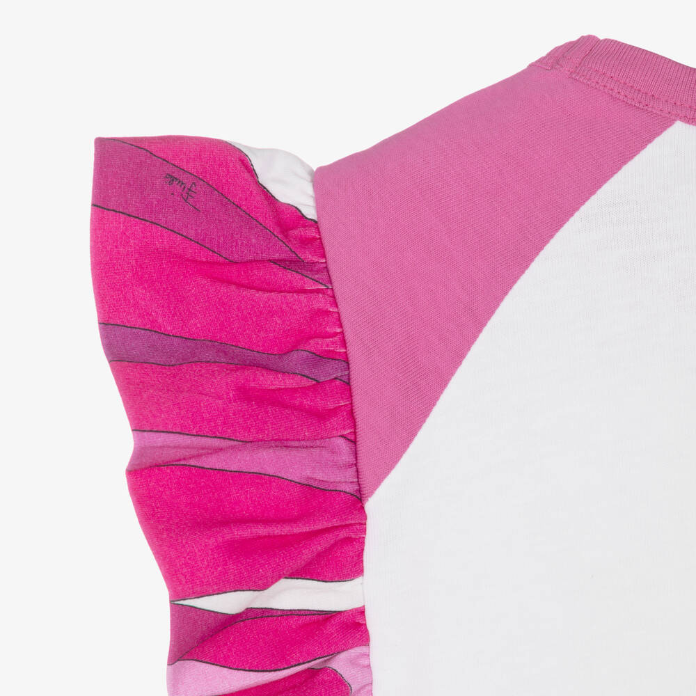 PUCCI-Girls White Cotton Dress with Red Fish Motif & Marmo Frills | Childrensalon Outlet