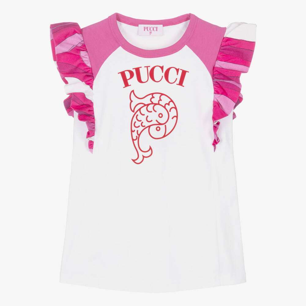 PUCCI-Girls White Cotton Dress with Red Fish Motif & Marmo Frills | Childrensalon Outlet
