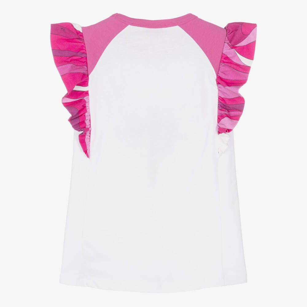 PUCCI-Girls White Cotton Dress with Red Fish Motif & Marmo Frills | Childrensalon Outlet