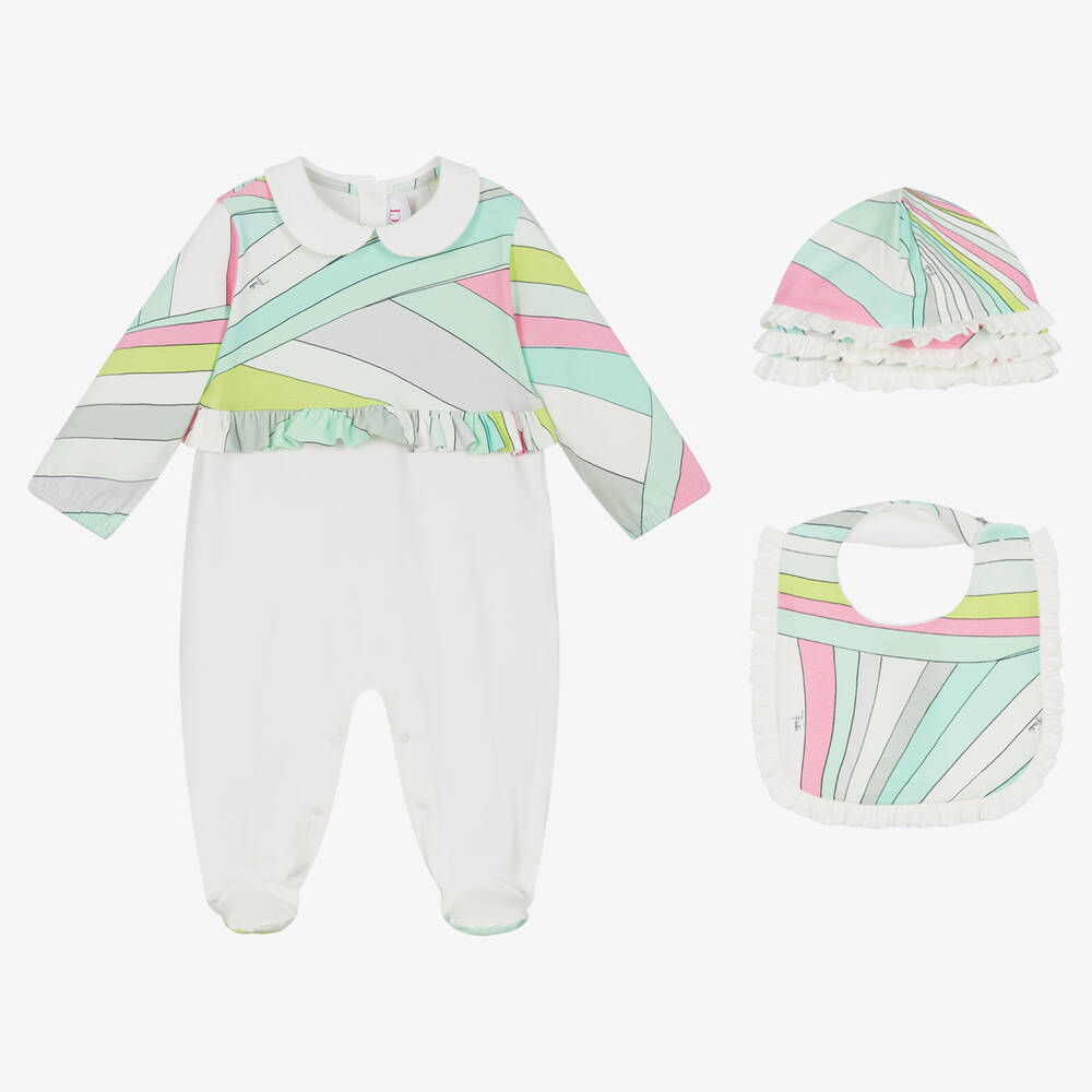 PUCCI - Girls White Cotton Iride Babysuit Set | Childrensalon