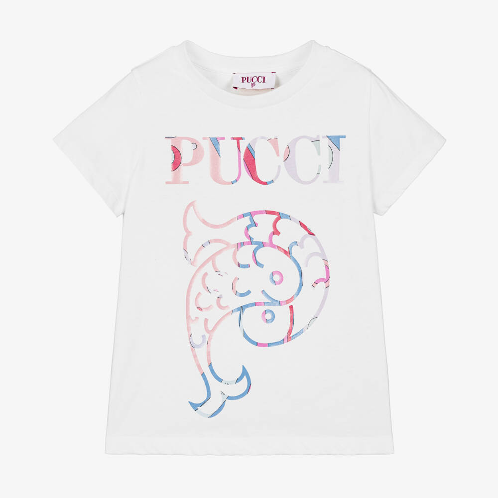 PUCCI-بلوزة قطنية بيضاء بأكمام قصيرة للبنات | Childrensalon Outlet