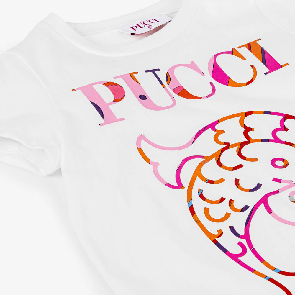 PUCCI-Girls White Fontane Design Cotton Tee | Childrensalon Outlet