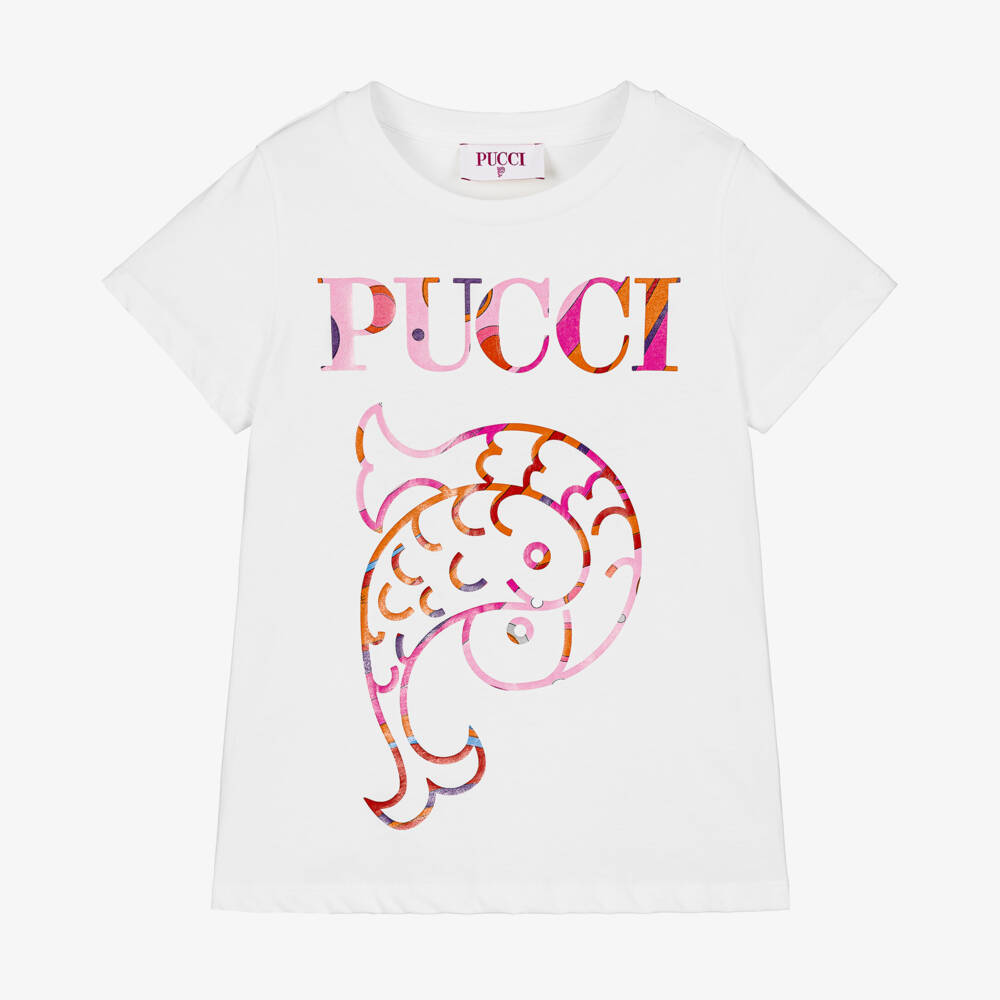 PUCCI-Girls White Fontane Design Cotton Tee | Childrensalon Outlet