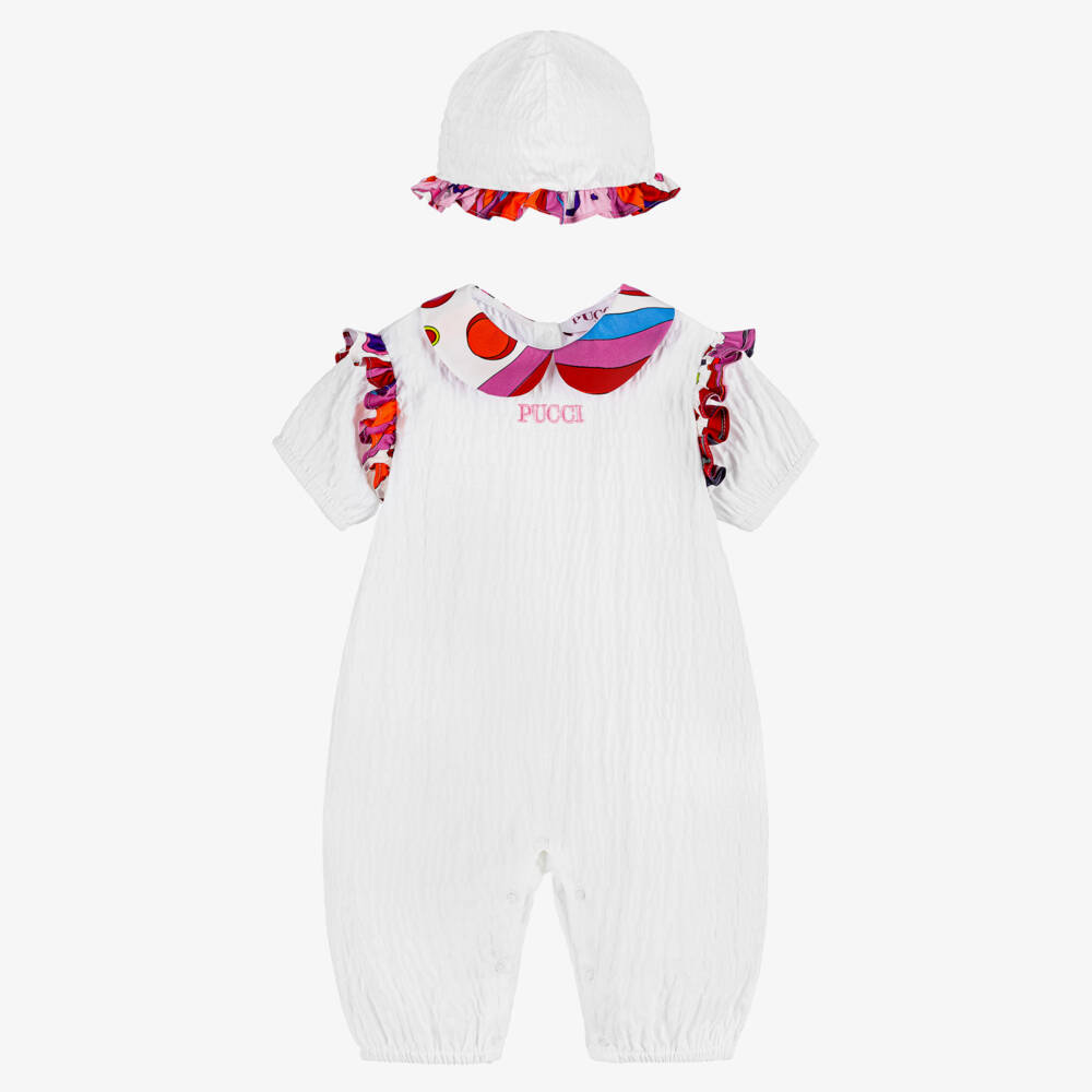 PUCCI-Girls White Fontane Shortie & Hat Set | Childrensalon Outlet