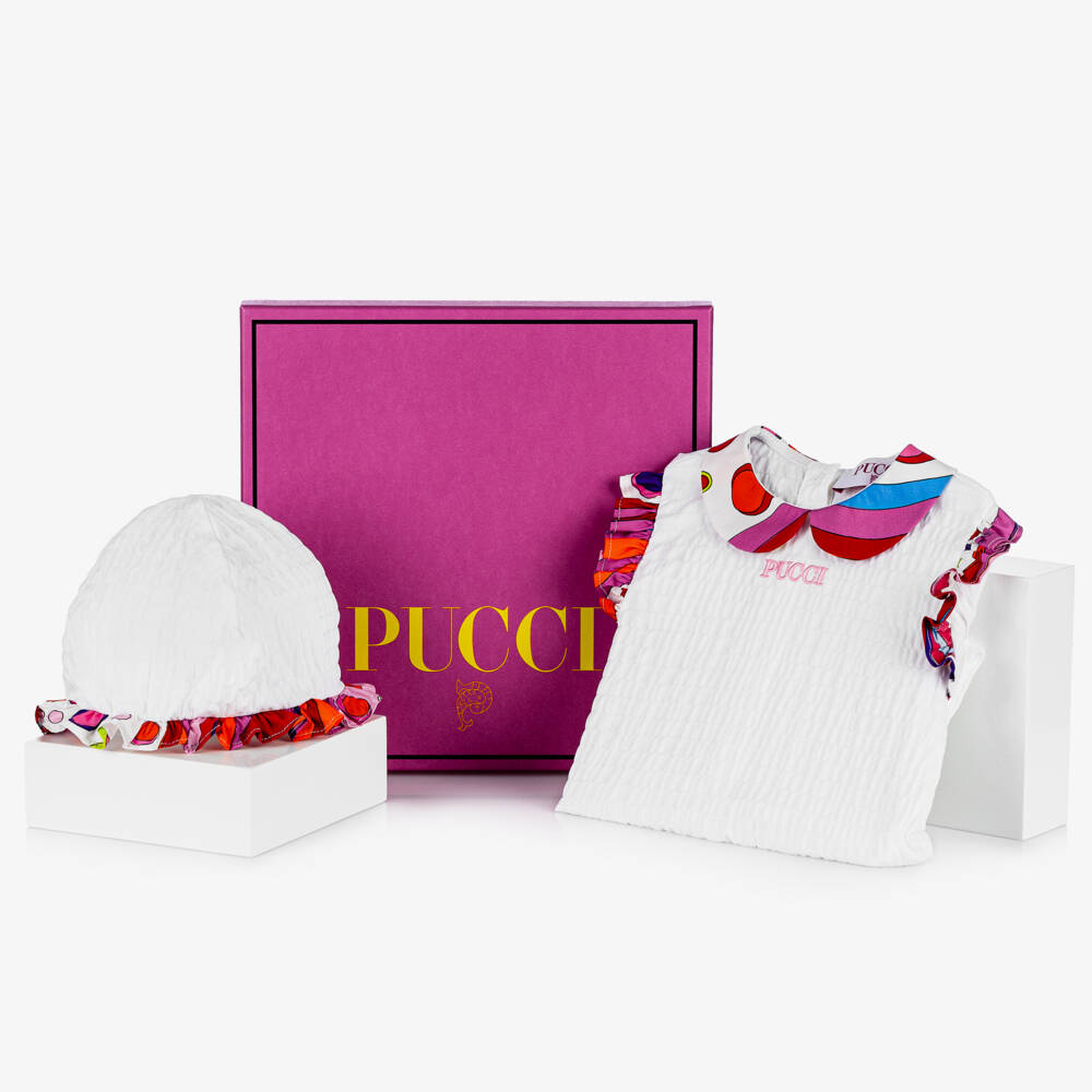 PUCCI-Girls White Fontane Shortie & Hat Set | Childrensalon Outlet