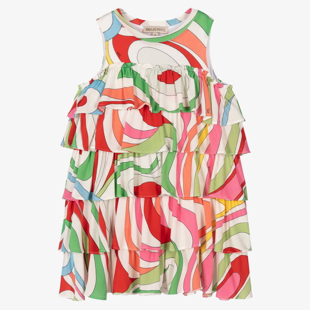 Girls White Marmo Print Tiered Dress