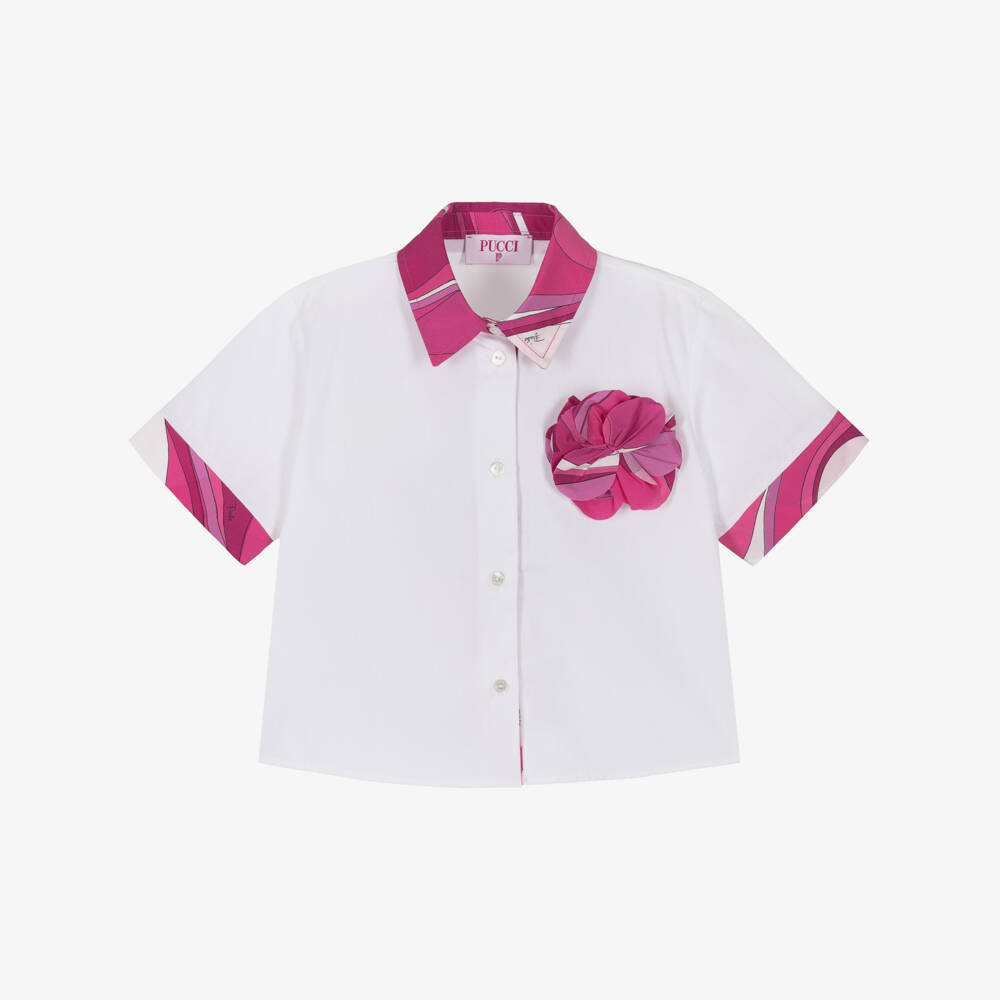 PUCCI-Girls White & Pink Marmo Print Cotton Blouse | Childrensalon Outlet