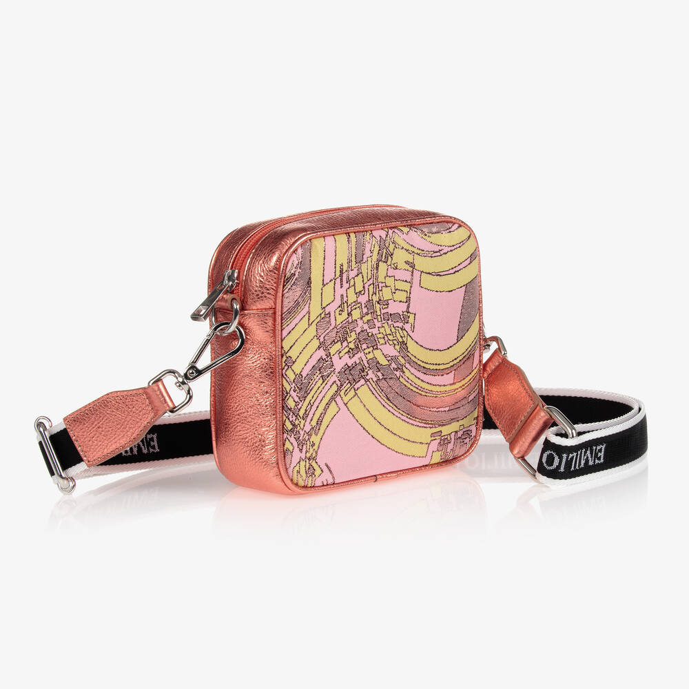 PUCCI-حقيبة جلد لون زهري متاليك بنقشة إسبلوسو للبنات (15 سم) | Childrensalon Outlet