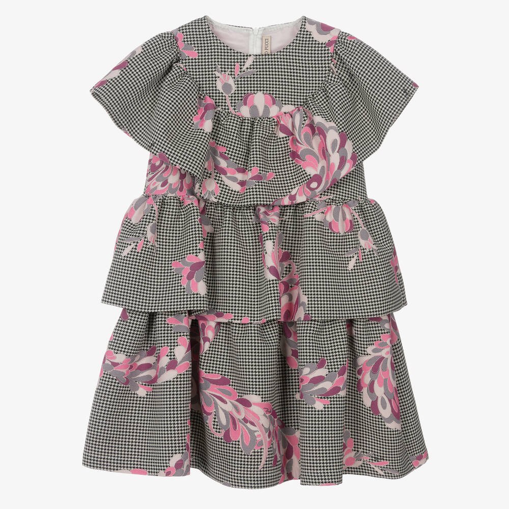 PUCCI-فستان تينز بناتي مزيج قطن لون أسود وأبيض | Childrensalon Outlet