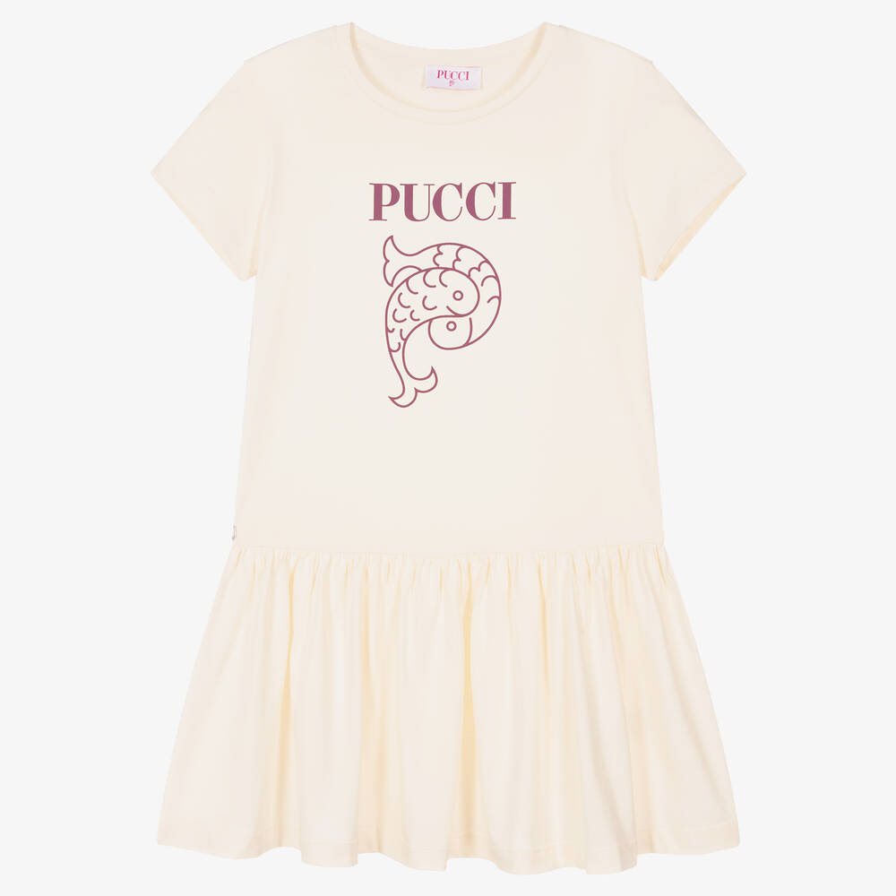 PUCCI - فستان تينز بناتي قطن عضوي لون عاجي | Childrensalon