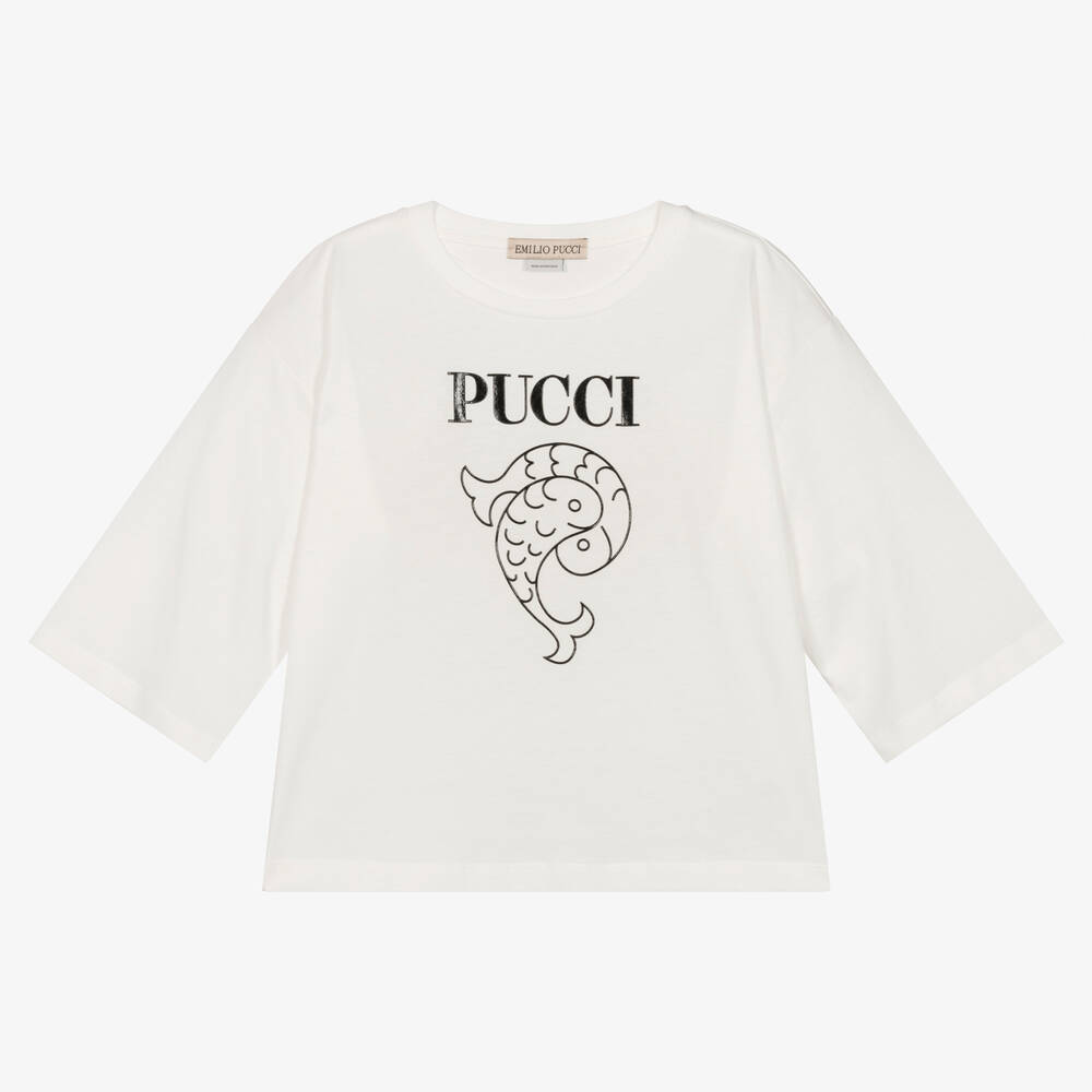PUCCI - Teen Girls Ivory Pesci Logo T-Shirt | Childrensalon