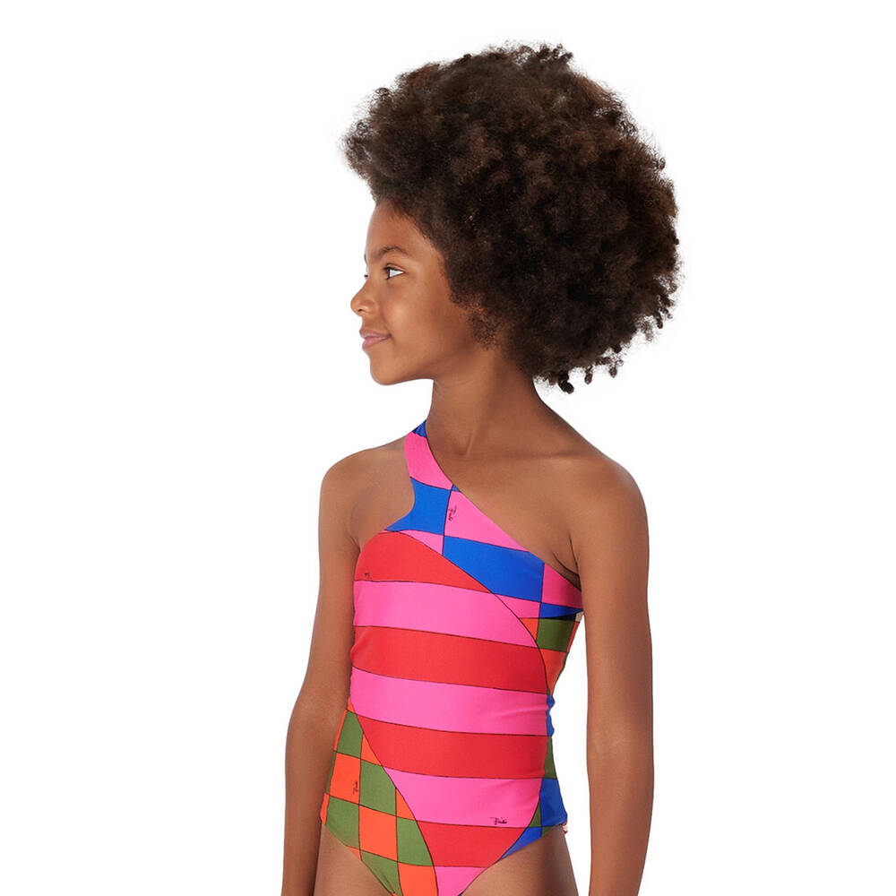 PUCCI Teen Girls Pink Giardino One Shoulder Swimsuit Childrensalon Outlet