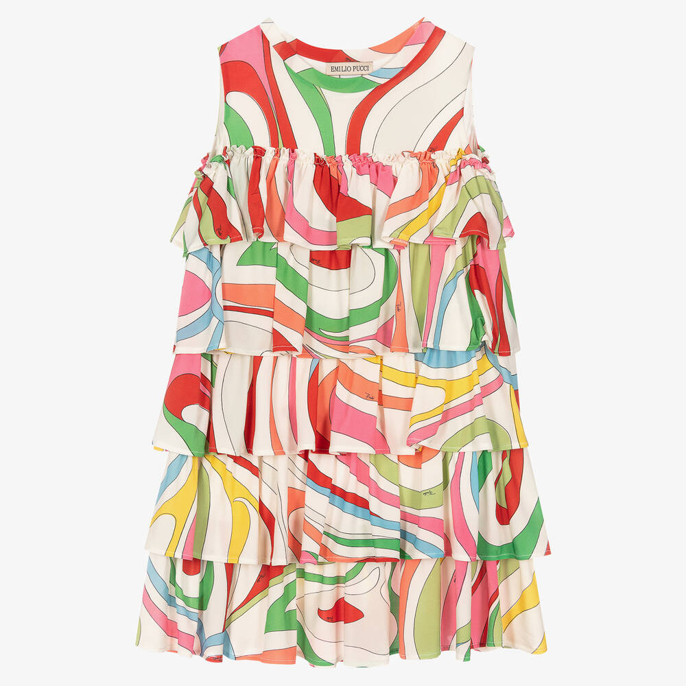 PUCCI - فستان بطبقات فيسكوز جيرسي لون أبيض بطبعة مارمو | Childrensalon