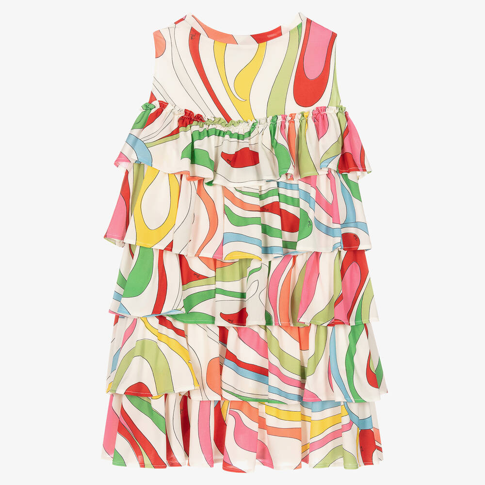 بوتشي-فستان بطبقات فيسكوز جيرسي لون أبيض بطبعة مارمو | Childrensalon Outlet