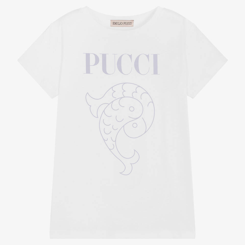 PUCCI - Teen White Lilac Fish Logo Ss T-shirt | Childrensalon