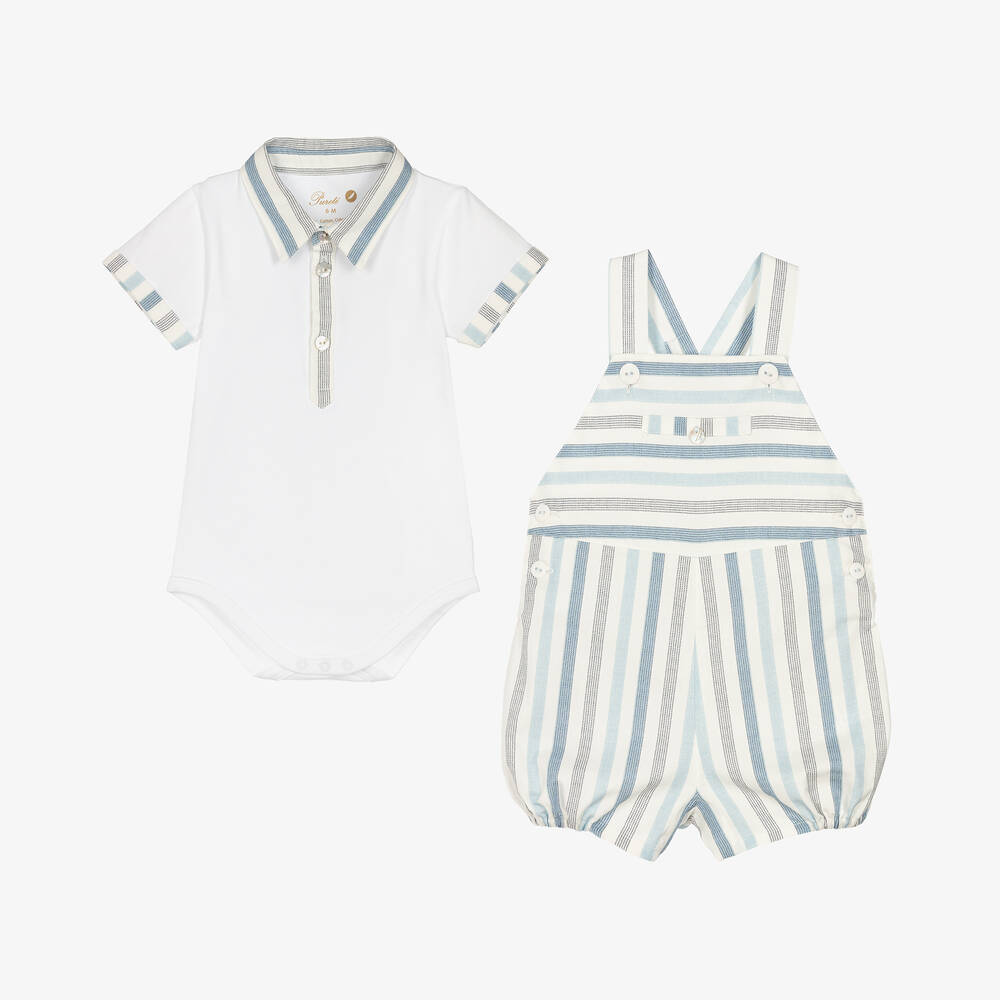 Pureté Du... Bébé-Baby Boys Blue Stripe Cotton Dungaree Set | Childrensalon Outlet