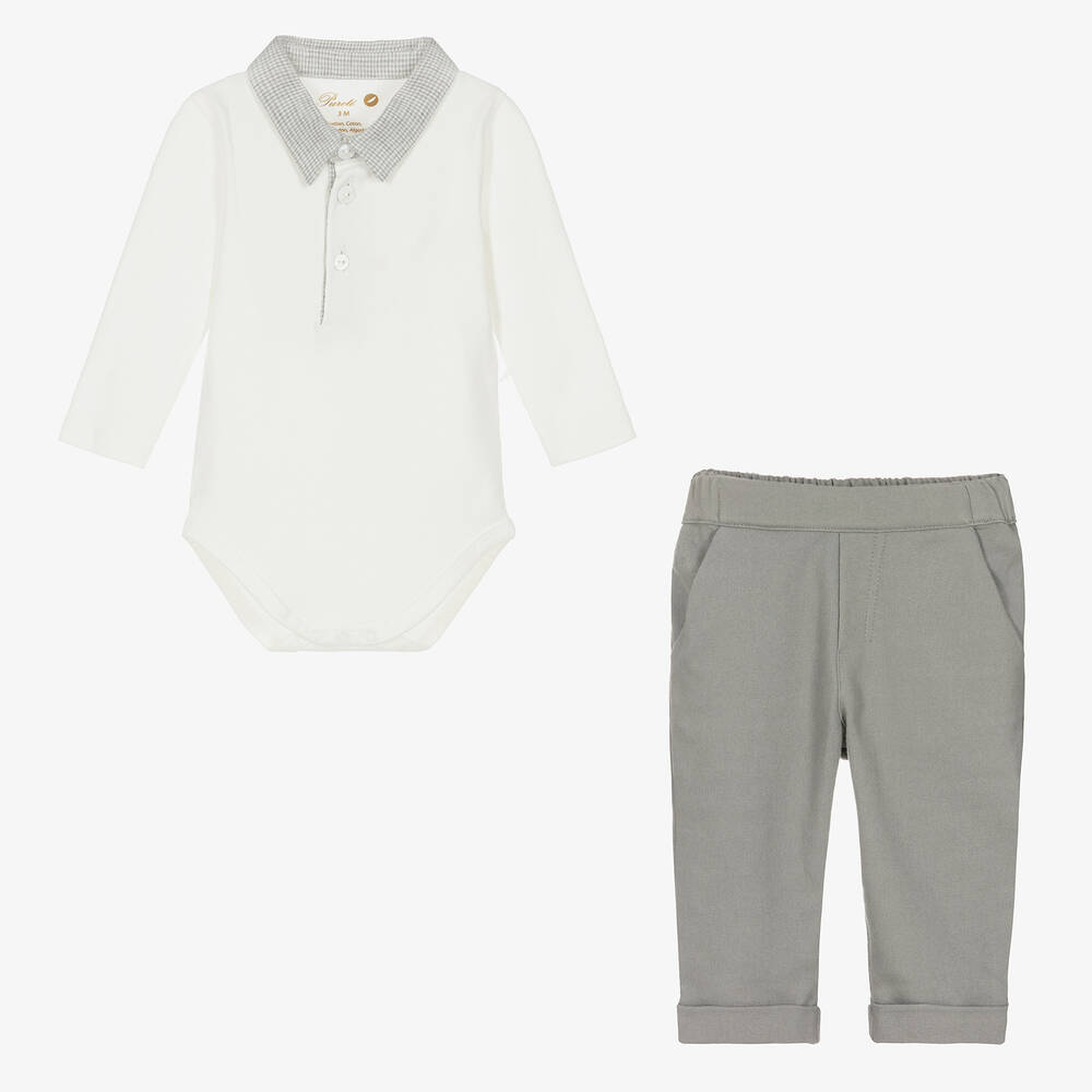Pureté Du... Bébé-Baby Boys Grey & Ivory Cotton Trouser Set | Childrensalon Outlet