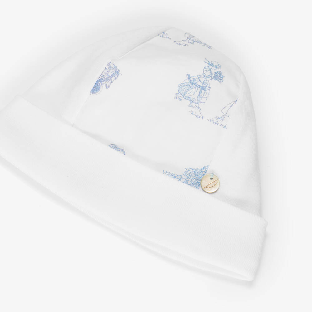Pureté Du... Bébé-Baby Boys White & Blue Toile De Jouy Layette Hat | Childrensalon Outlet