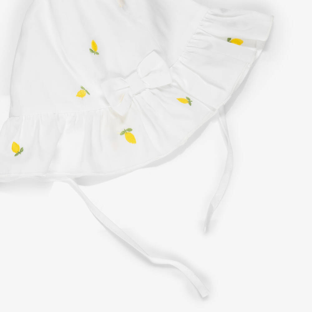 Pureté Du... Bébé-Baby Girls White Cotton Sun Hat with Embroidered Lemons | Childrensalon Outlet