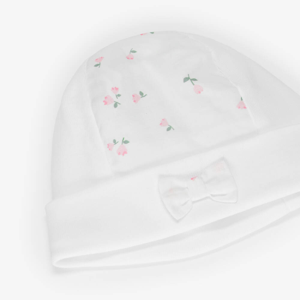 Pureté Du... Bébé-Baby Girls White & Pink Cotton Floral Jersey Hat | Childrensalon Outlet