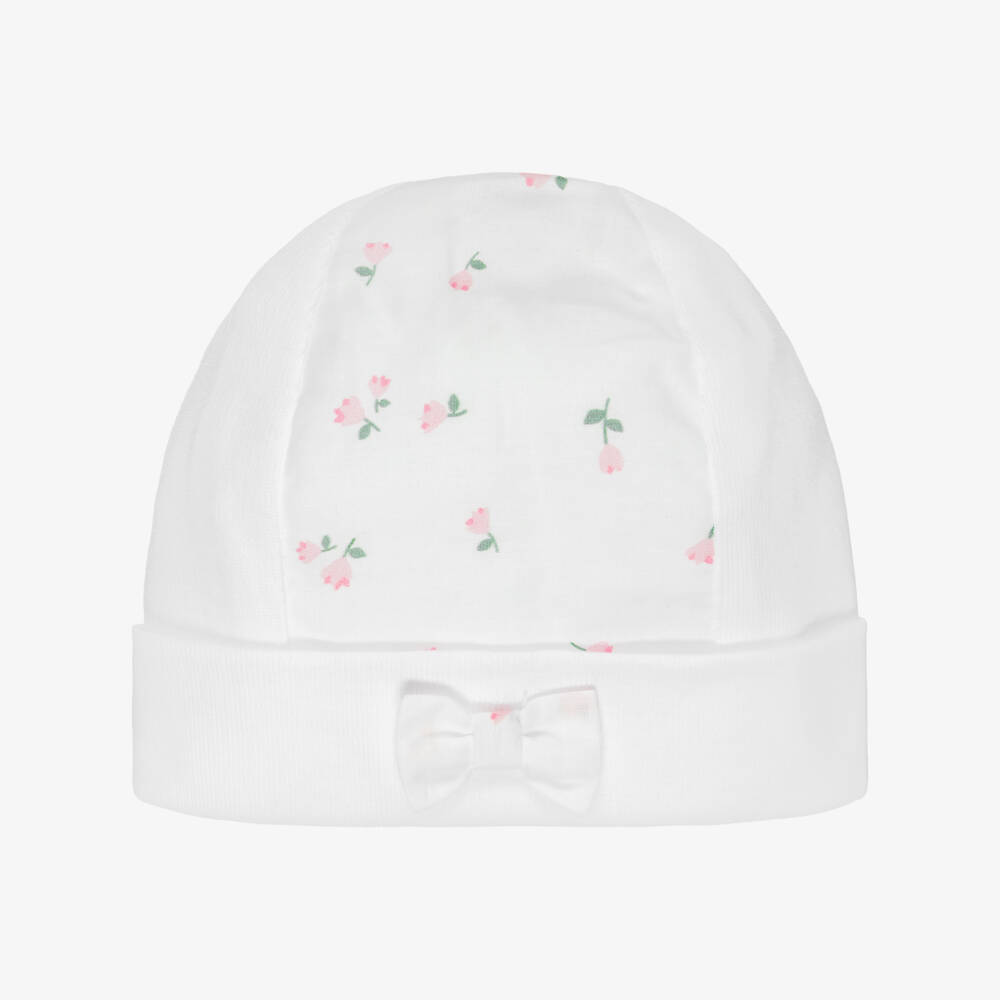Pureté Du... Bébé-Baby Girls White & Pink Cotton Floral Jersey Hat | Childrensalon Outlet