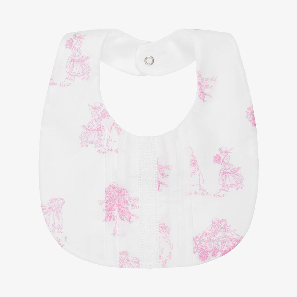 Pureté Du... Bébé-Baby Girls White & Pink Cotton Toile De Jouy Bib | Childrensalon Outlet