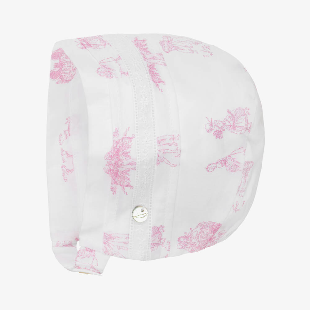Pureté Du... Bébé-Baby Girls White & Pink Cotton Toile De Jouy Bonnet | Childrensalon Outlet