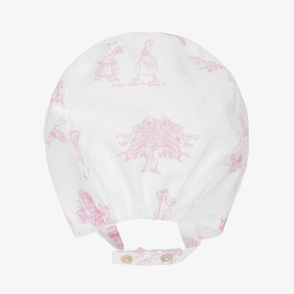 Pureté Du... Bébé-Baby Girls White & Pink Cotton Toile De Jouy Bonnet | Childrensalon Outlet