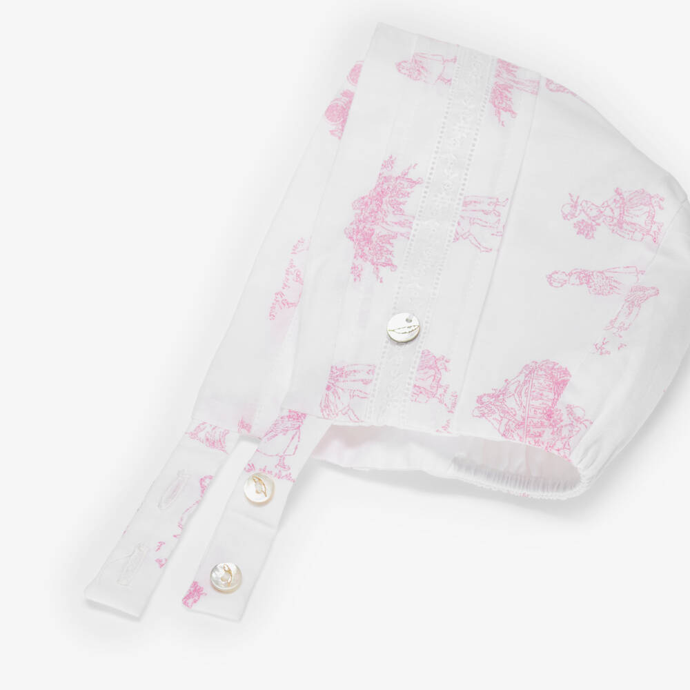Pureté Du... Bébé-Baby Girls White & Pink Cotton Toile De Jouy Bonnet | Childrensalon Outlet