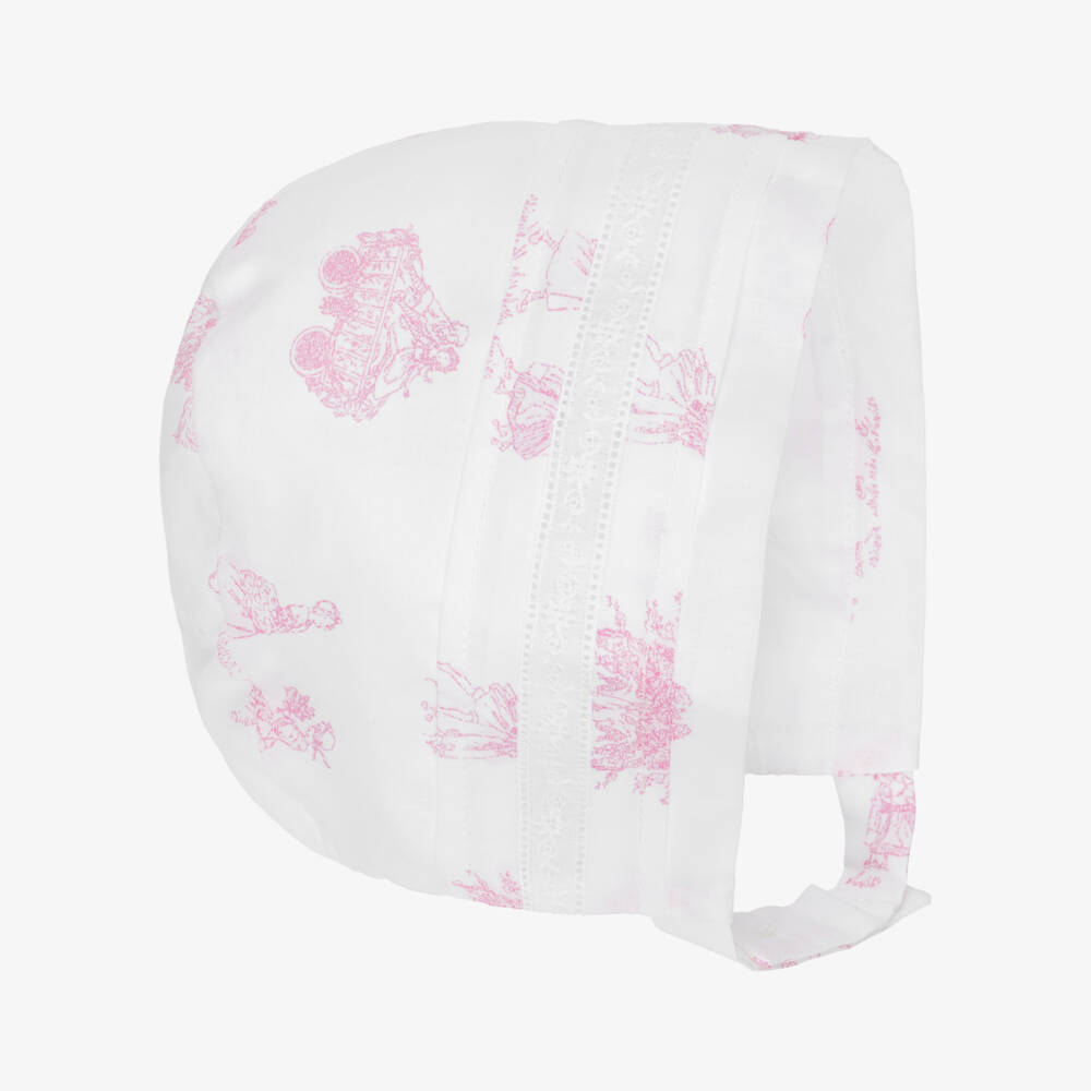 Pureté Du... Bébé-Baby Girls White & Pink Cotton Toile De Jouy Bonnet | Childrensalon Outlet