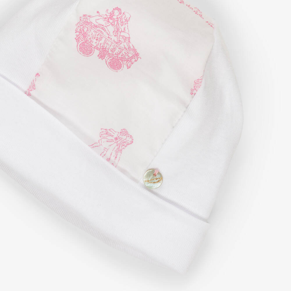 Pureté Du... Bébé-Baby Girls White & Pink Toile De Jouy Layette Hat | Childrensalon Outlet