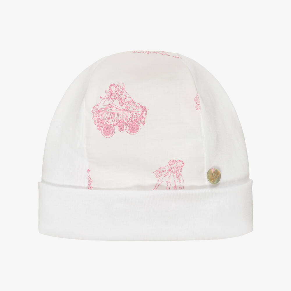 Pureté Du... Bébé-Baby Girls White & Pink Toile De Jouy Layette Hat | Childrensalon Outlet