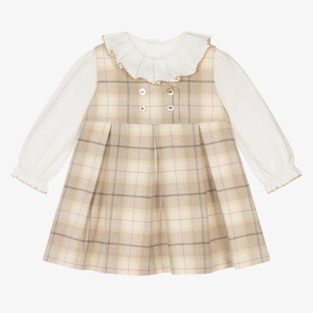 Pureté Du... Bébé-Beige Check Pinafore Dress Set | Childrensalon Outlet