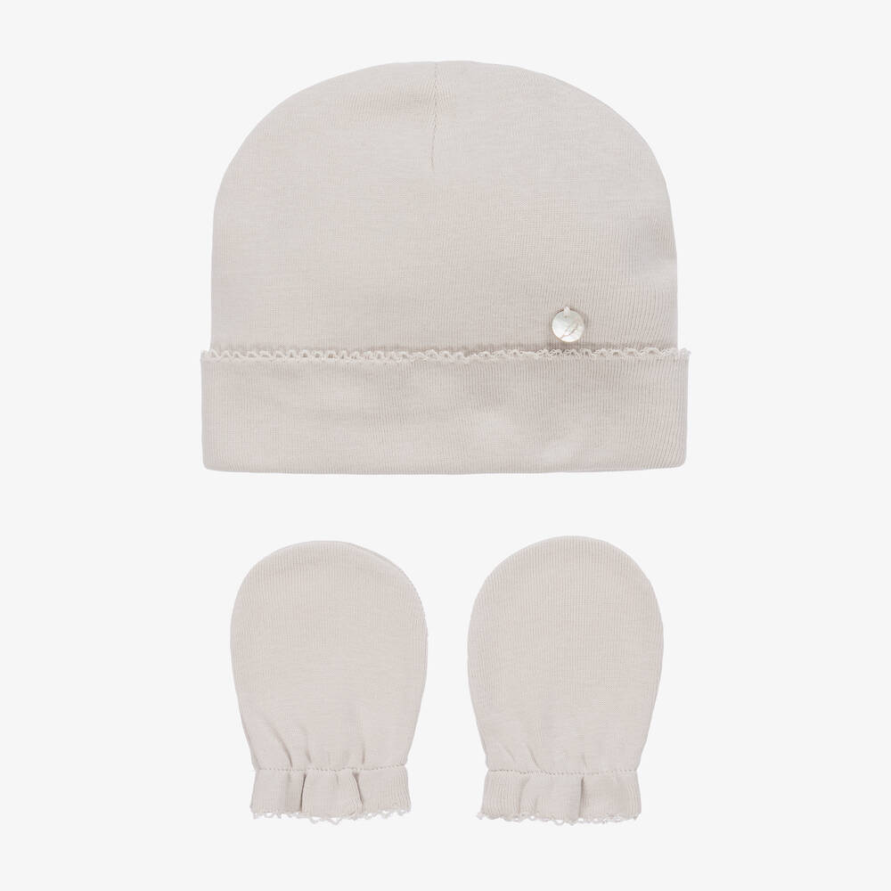 Pureté Du... Bébé - Beige Cotton Hat & Mittens Set | Childrensalon