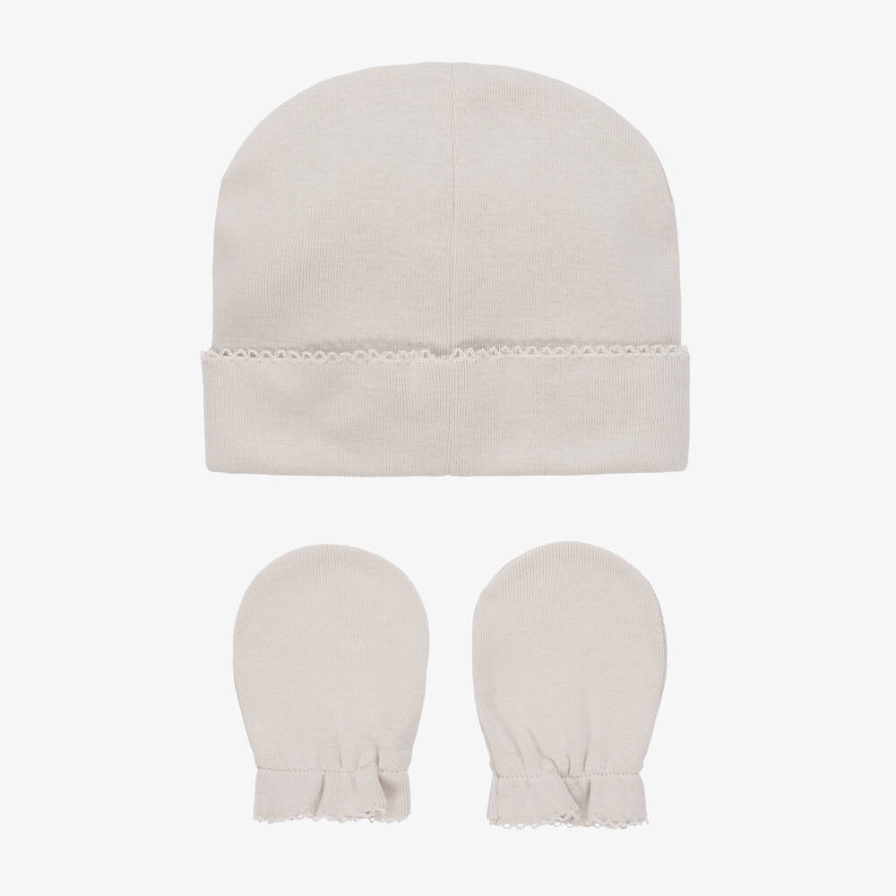 Pureté Du... Bébé-Beige Cotton Hat & Mittens Set | Childrensalon Outlet