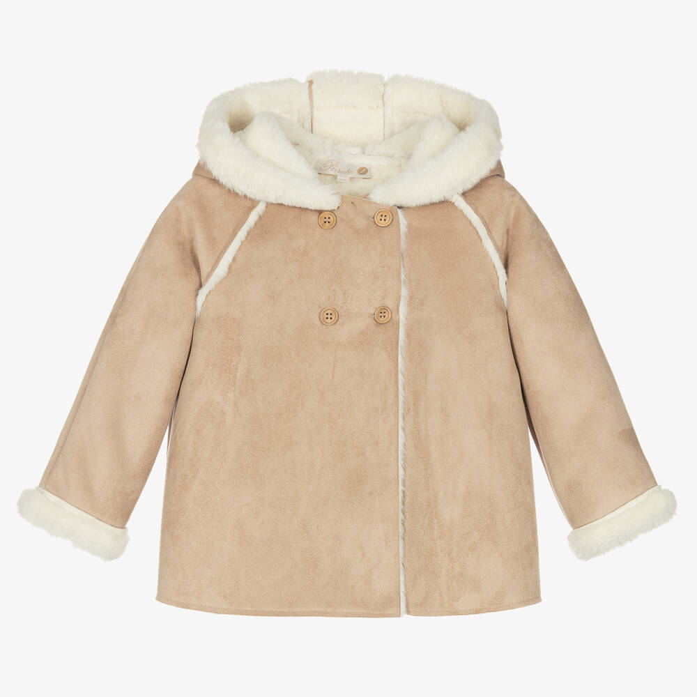 Pureté Du... Bébé - Бежевое пальто из искусственной замши с капюшоном | Childrensalon