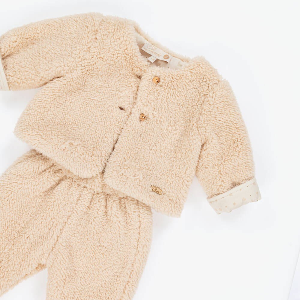 Pureté Du... Bébé-Beige Teddy Fleece Baby Pram Coat & Trouser Set | Childrensalon Outlet