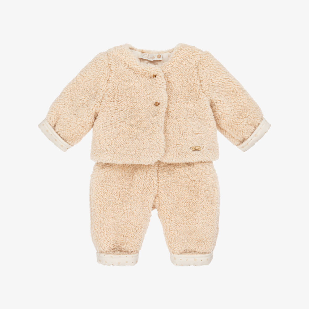 Pureté Du... Bébé-Beige Teddy Fleece Baby Pram Coat & Trouser Set | Childrensalon Outlet