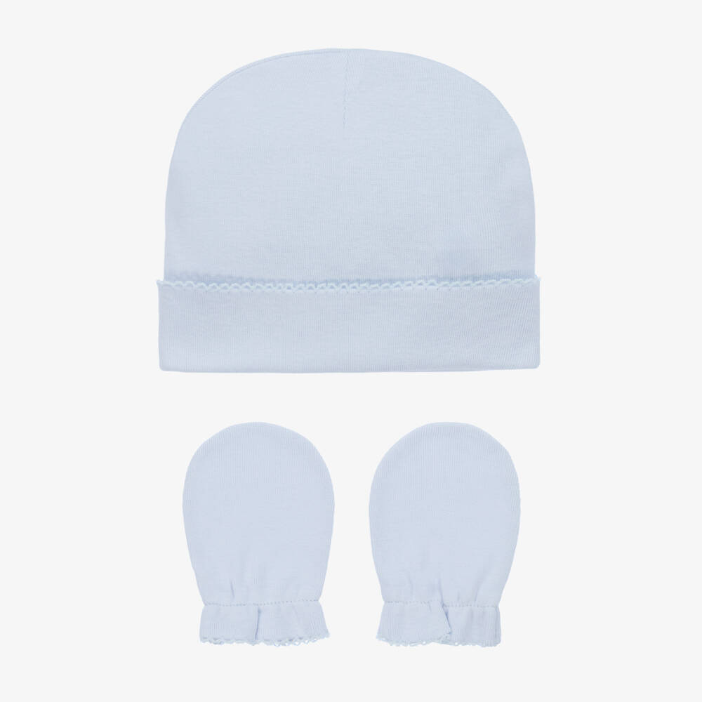 Pureté Du... Bébé-Blue Cotton Baby Hat & Mittens Set | Childrensalon Outlet