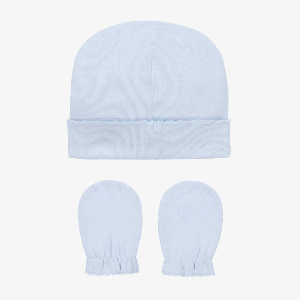 Pureté Du... Bébé-Blue Cotton Baby Hat & Mittens Set | Childrensalon Outlet