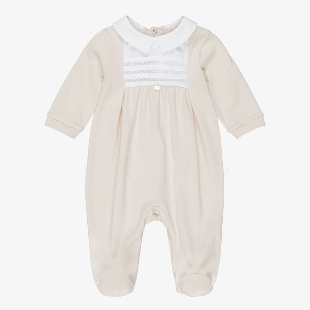 Pureté Du... Bébé-Boys Beige Cotton Babygrow with White Collar | Childrensalon Outlet