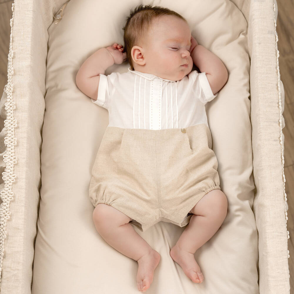 Pureté Du... Bébé-Boys Beige Linen Cotton Romper | Childrensalon Outlet