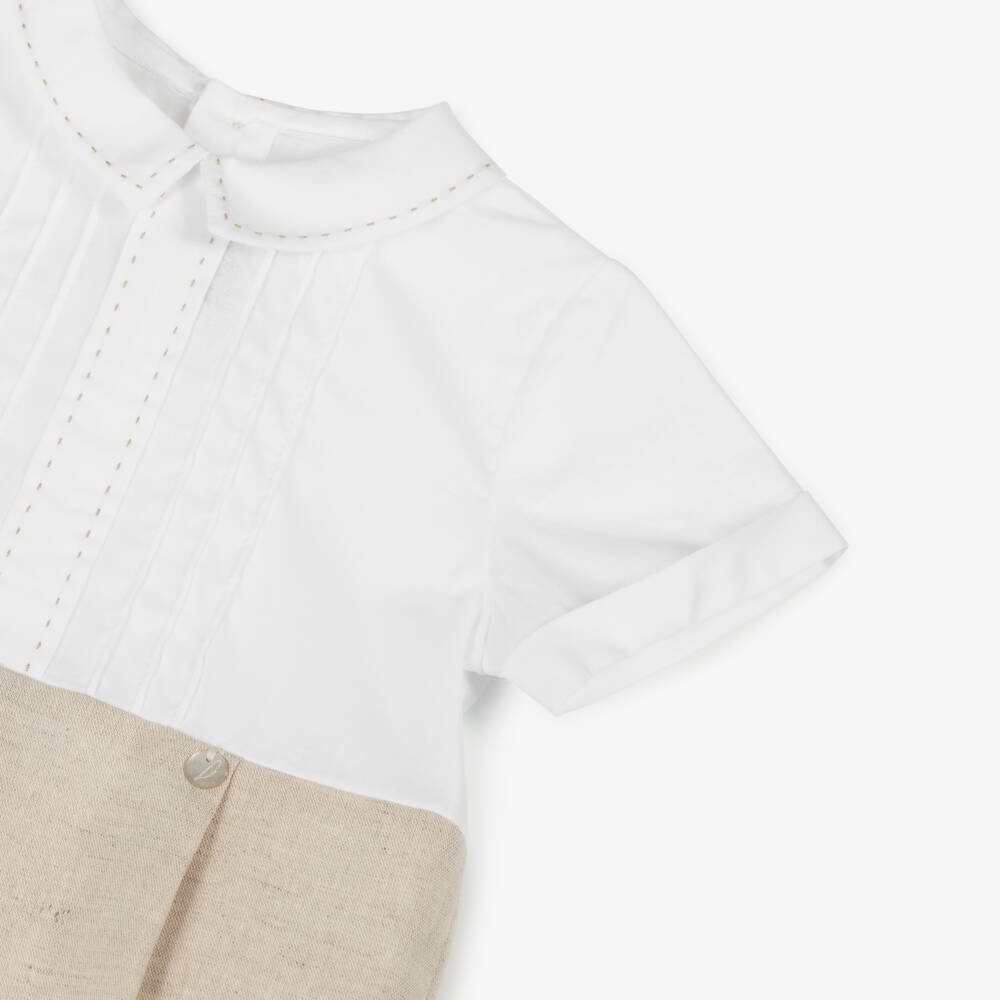 Pureté Du... Bébé-Boys Beige Linen Cotton Romper | Childrensalon Outlet
