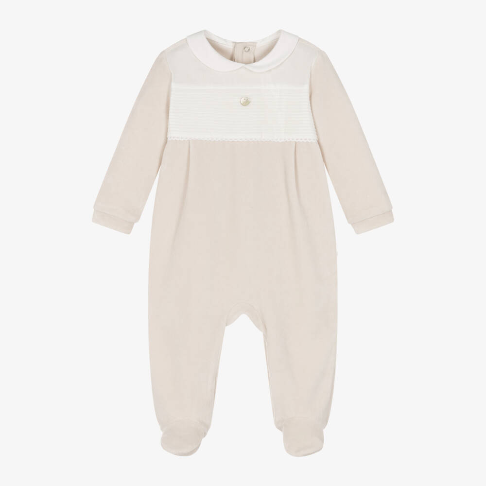 Pureté Du... Bébé-Boys Beige Velour Cotton Romper | Childrensalon Outlet