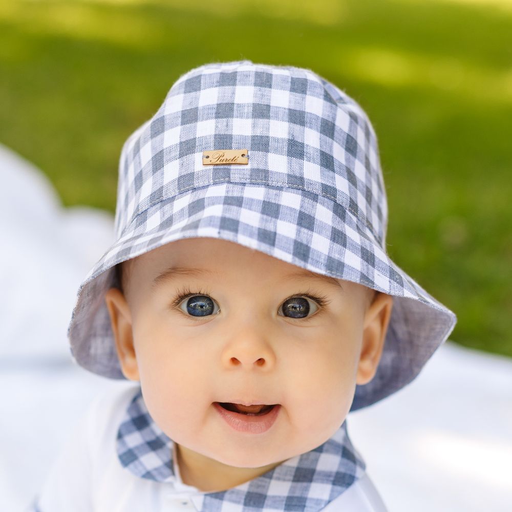Pureté Du... Bébé Boys Blue Gingham Linen Hat Childrensalon Outlet