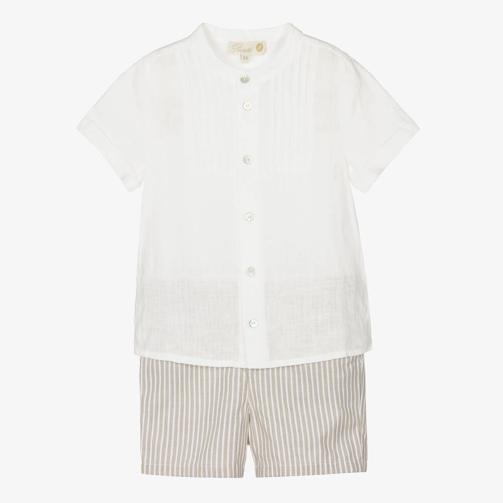 Pureté Du... Bébé - Boys Ivory & Beige Striped Shorts Set | Childrensalon